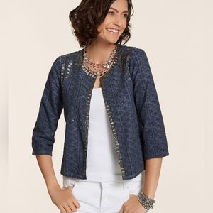 Chico's Navy Blue Broderie Embellished Jacket Sz 1